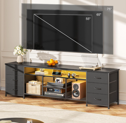 Furologee 63in Dresser TV Stand with LED Lights & Charging Station Black Chest of Drawers with 6 Fabric Drawers for 60 65 70 inch TVs Open Storage Shelves TV Stand for Bedroom Living Room