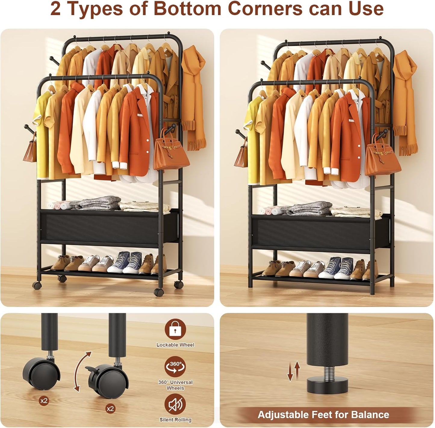 Furologee Double Rod Clothing Rack with Wheels – Portable Rolling Garment Rack for Bedroom, Laundry & Living Room
