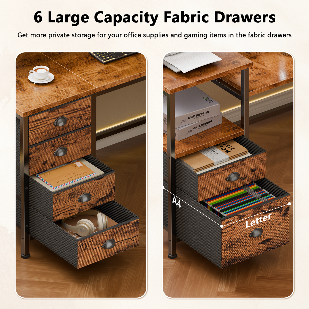 Furologee 66'' L Shaped Computer Desk with 6 Drawers & LED, Rustic Brown
, Reversible Large Corner Desk with Printer Storage Shelves,LED Lights,Monitor Stand for Home Office,Working Writing Study