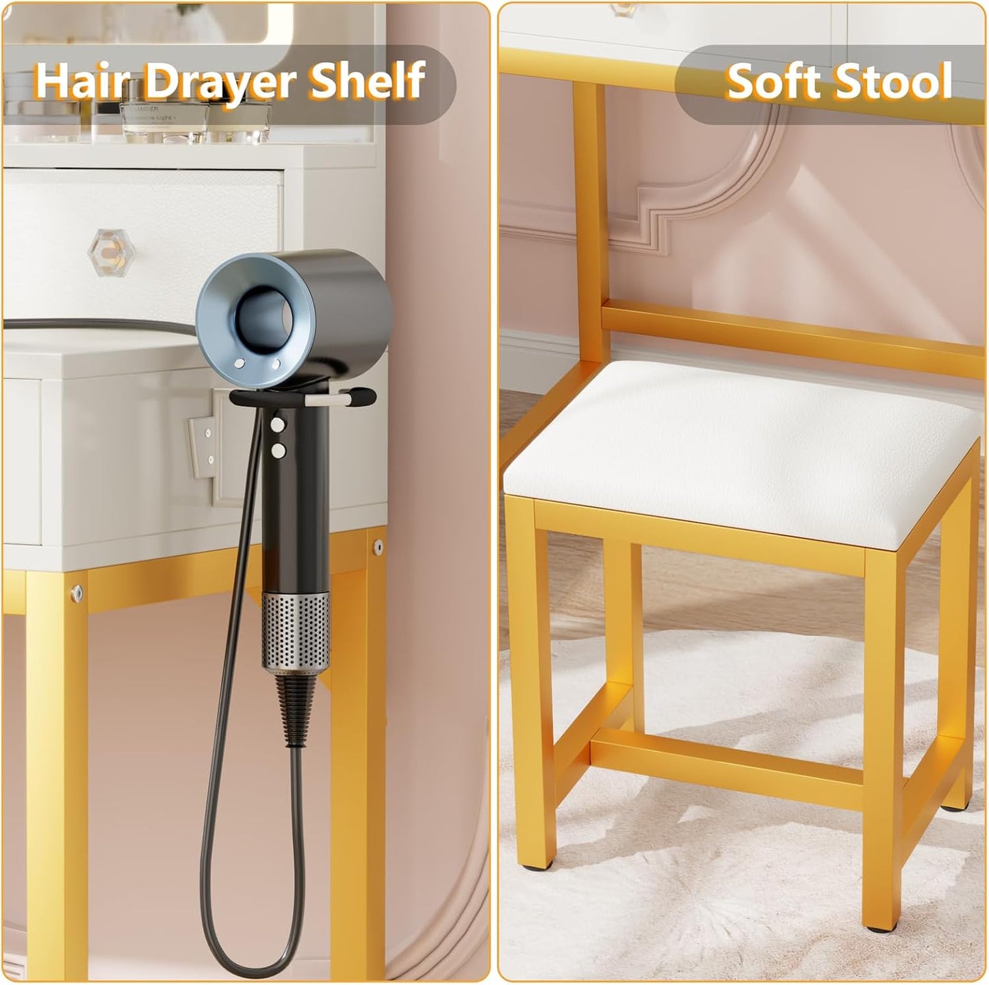 Furologee Vanity Desk with LED Lights Mirror and Power Outlets, Small Makeup Vanity Desk Stool Set with 4 Drawers, Dressing Table with Chair for Bedroom,3 Model Adjustable Lights,White and Gold