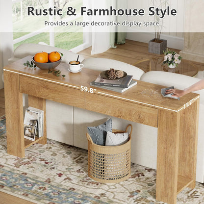 Furologee 60 inch Long Entryway Console Table with Drawers, Farmhouse Sofa Table Behind Couch, Entrance Accent Table for Hallway, Living Room, Foyer, Bedroom, Wooden Thick Tabletop