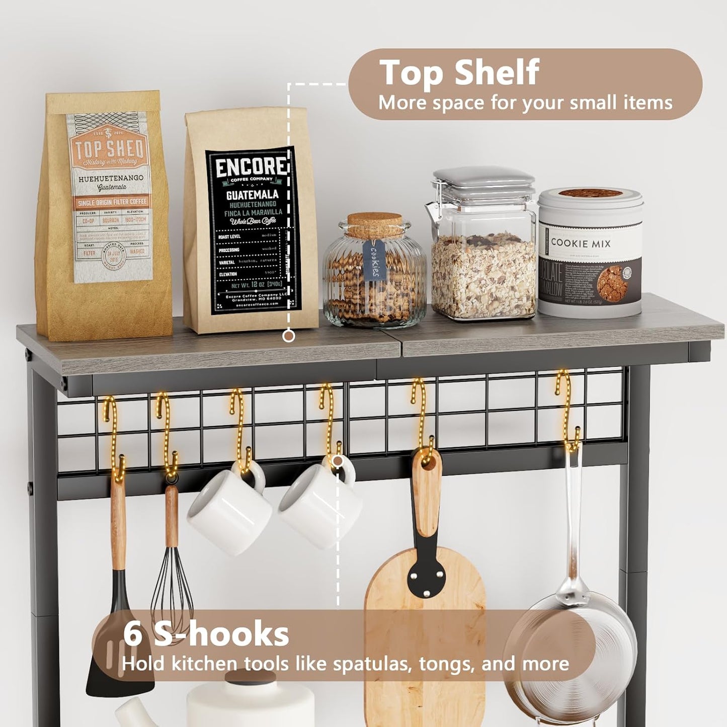 Furologee 4-Tier Kitchen Bakers Rack with Power Outlet, Microwave Stand & Coffee Bar with Hooks and Storage Shelves, Black Oak