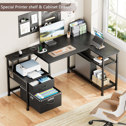 Furologee 49 Inch L Shaped Computer Desk with Power Outlets, Home Office Desk with Fabric Drawer & File Cabinet, Reversible Corner Gaming Desk with Printer Stand, for Working, Studying, Gaming, Black