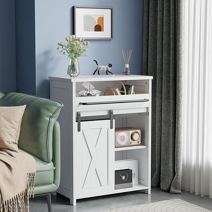 Storage Cabinet with Tray Drawer, White Farmhouse Coffee Bar Cabinet with Sliding Door for Bathroom Bedroom Living Room Laundry Kitchen