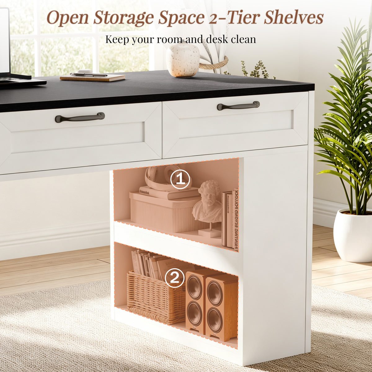 Furologee 55" Farmhouse Desk with Charging Station & Drawers, Black
Executive Computer desk with 3 Wooden Drawers and Storage Cabinet and Open Storage Shelf, Large Workstation for Home Office£¬Work, Study , Black and White