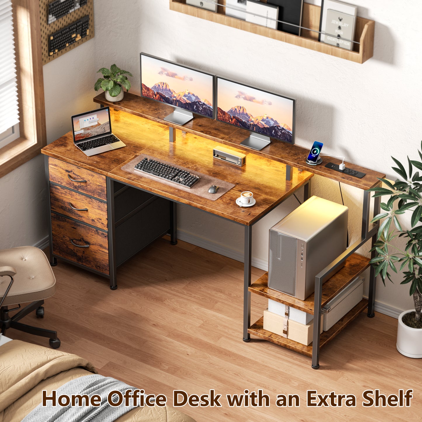 Furologee 55" Gaming Desk with LED Lights & Power Outlets, Reversible Office Desk with Monitor Stand for Work Study, Desk for Home Office Dorm, Storage Drawers and Cabinet, Rustic Brown
