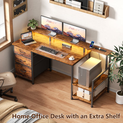 Furologee 55" Gaming Desk with LED Lights & Power Outlets, Reversible Office Desk with Monitor Stand for Work Study, Desk for Home Office Dorm, Storage Drawers and Cabinet, Rustic Brown