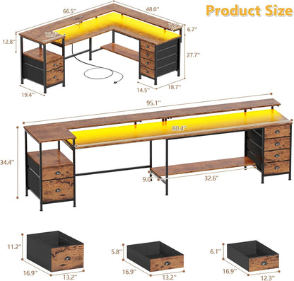 Furologee 95" Two Person Computer Gaming Desk, Rustic Brown