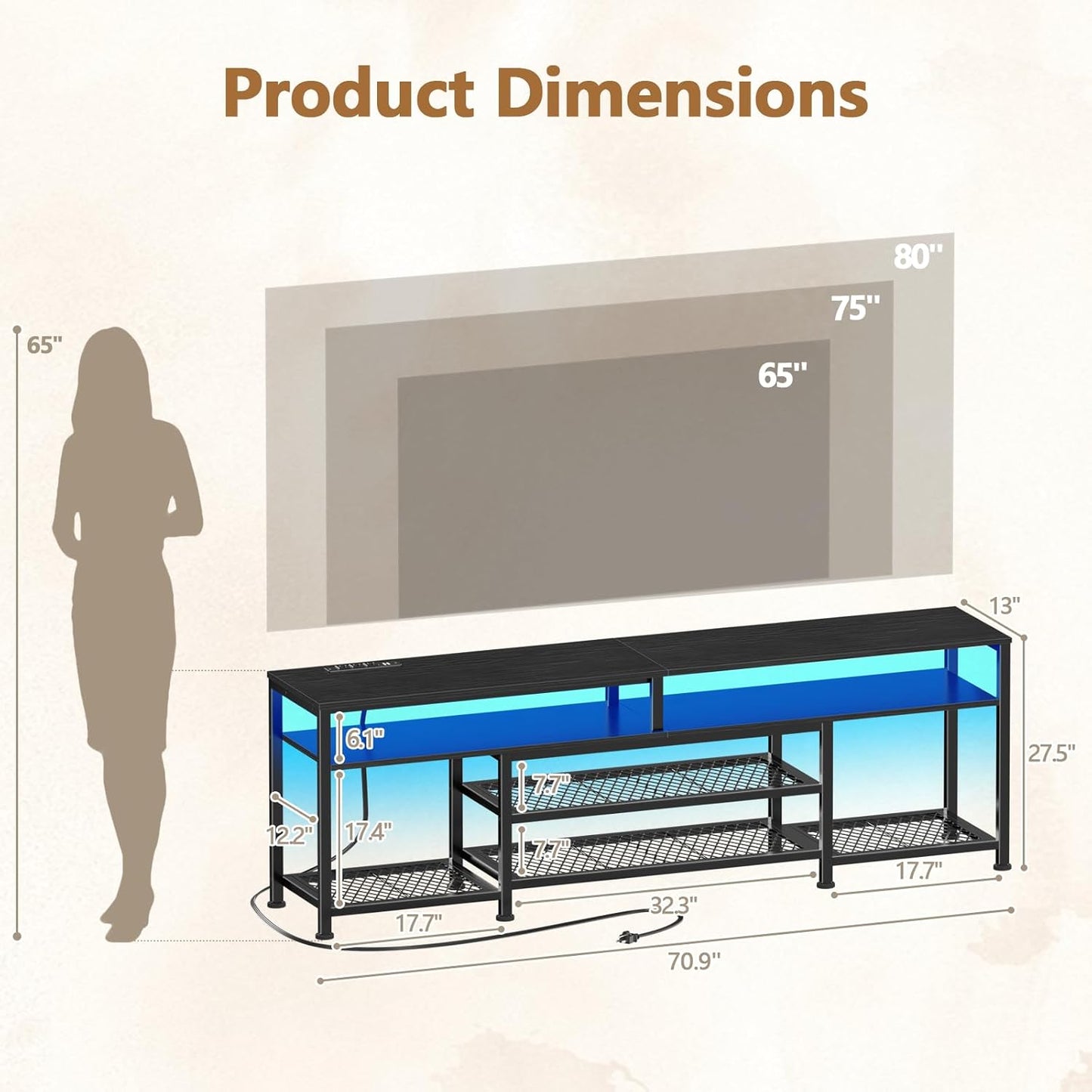 Furologee 71 Inch TV Stand with LED Lights, Entertainment Center with Power Outlets for 80 75 65 Inch TV, Media Console Table with Open Shelves, for Bedroom, Living Room, Black