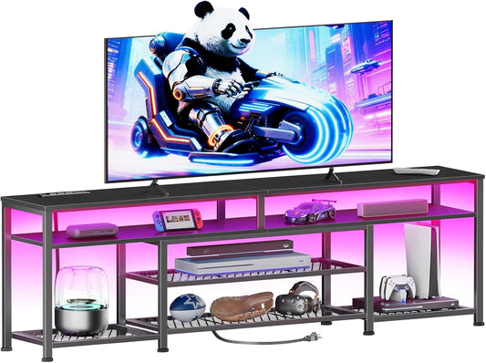 Furologee 71 Inch TV Stand with LED Lights, Entertainment Center with Power Outlets for 80 75 65 Inch TV, Media Console Table with Open Shelves, for Bedroom, Living Room, Black