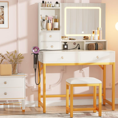 Furologee Vanity Desk with LED Lights Mirror and Power Outlets, Small Makeup Vanity Desk Stool Set with 4 Drawers, Dressing Table with Chair for Bedroom,3 Model Adjustable Lights,White and Gold