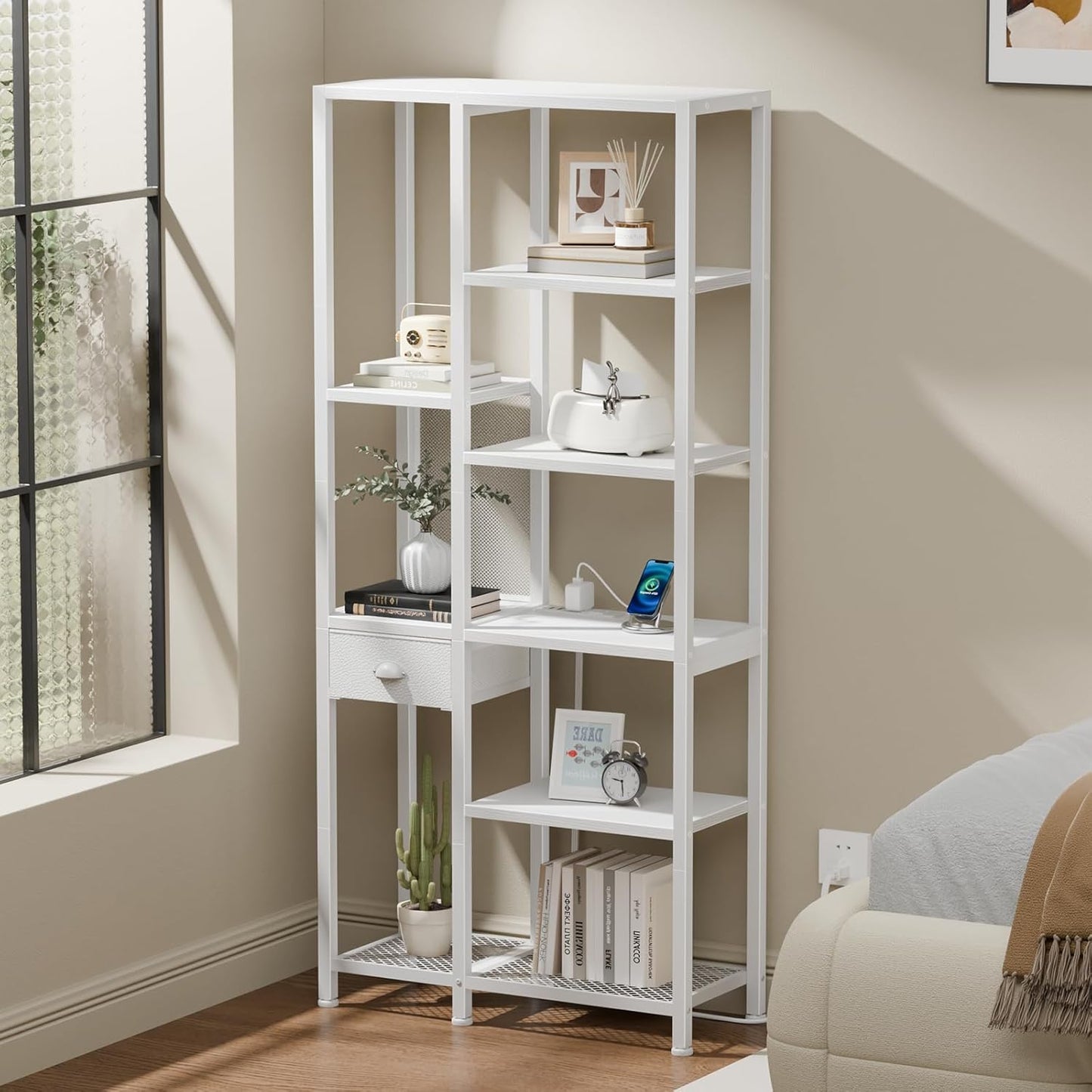 Furologee 6-Tier Bookshelf with Drawer & Charging Station – Tall Open Bookcase for Living Room, Bedroom, Home Office,
