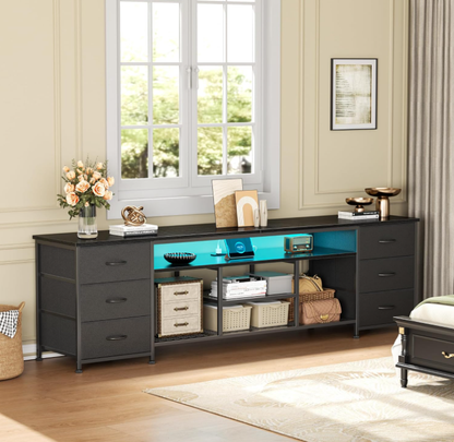 Furologee 63in Dresser TV Stand with LED Lights & Charging Station Black Chest of Drawers with 6 Fabric Drawers for 60 65 70 inch TVs Open Storage Shelves TV Stand for Bedroom Living Room