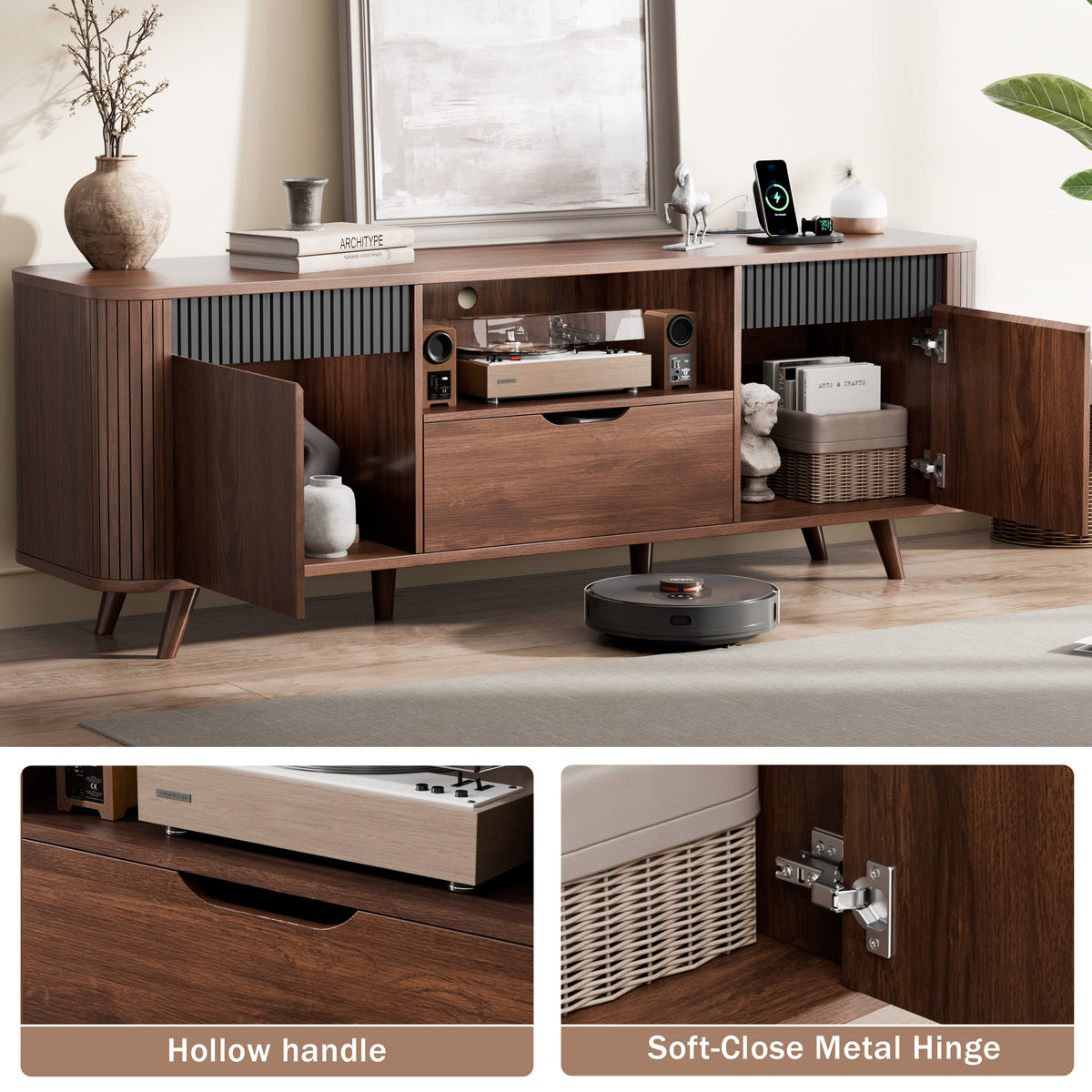 Furologee 55'' TV Stand for 60'' TV, Entertainment Center with Power Outlet

Mid Century Fluted TV Console Table with Drawer, 2 Cabinets and Open Shelves for Living Room, Bedroom, Cord Holes, Walnut
