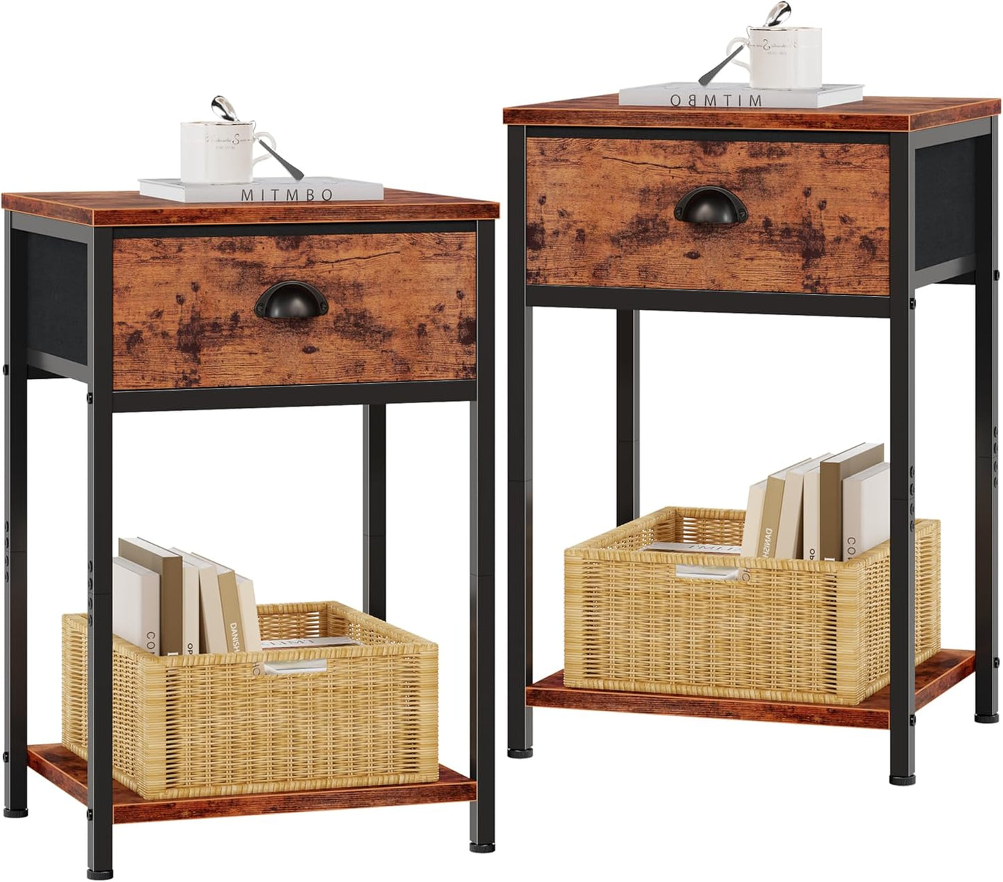 Furologee Set of 2 Nightstands with Drawer & Shelf – Industrial Bedside Tables for Bedroom/Living Room