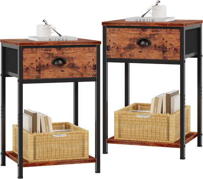 Furologee Set of 2 Nightstands with Drawer & Shelf – Industrial Bedside Tables for Bedroom/Living Room