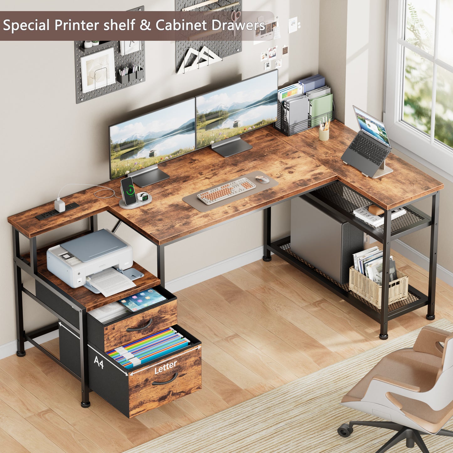 Furologee 57 Inch L Shaped Computer Desk with Power Outlets, Reversible Home Office Desk with Fabric Drawers, File Cabinet, Printer Table, Metal Storage Shelves, Corner Desk for Small Space, Rusitc Brown
