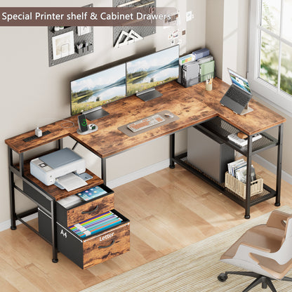 Furologee 57 Inch L Shaped Computer Desk with Power Outlets, Reversible Home Office Desk with Fabric Drawers, File Cabinet, Printer Table, Metal Storage Shelves, Corner Desk for Small Space, Rusitc Brown