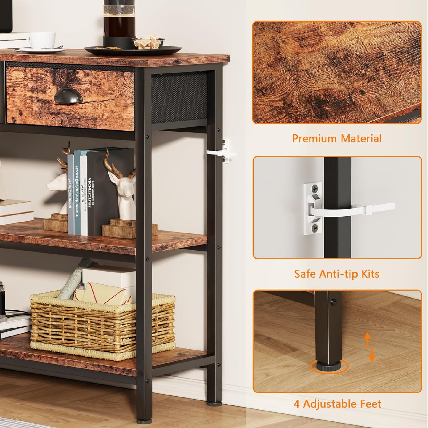Furologee 47” Entryway Console Table with Drawers & Storage Shelves, Industrial Sofa Table for Hallway or Living Room