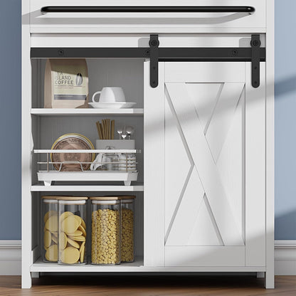 Storage Cabinet with Tray Drawer, White Farmhouse Coffee Bar Cabinet with Sliding Door for Bathroom Bedroom Living Room Laundry Kitchen