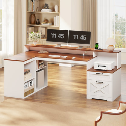 Furologee 59" Farmhouse L Shaped Desk with Printer Shelf, Storage Cabinet, Computer Desk with Power Outlets, Home Office Workstation with Wooden Drawers and Monitor Stand, Brown and White
