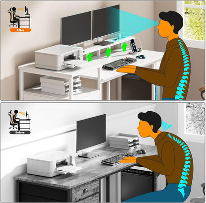 Furologee 60" Gaming Desk with LED Light & Charging Station – Dual Monitor Stands & Storage Cabinet for Home Office