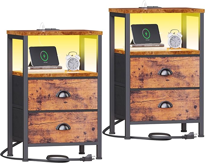 Nightstand with Charging Station & LED Lights - Bedside Table with Fabric Drawer, Storage Shelf, White for Bedroom