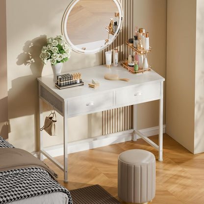 Furologee 34” White Computer Desk with Fabric Drawers & Hooks – Small Home Office or Vanity Table