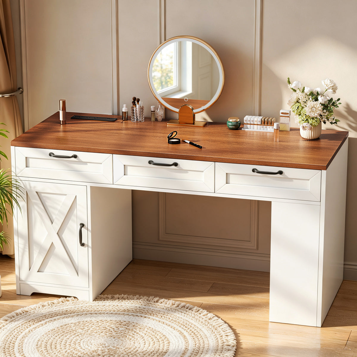 Furologee 55" Farmhouse Desk with Charging Station & Drawers, Walnut White
Executive Computer Desk with 3 Wooden Drawers, Storage Cabinet and Open Storage Shelf, Large Workstation for Home Office£¬Work, Study