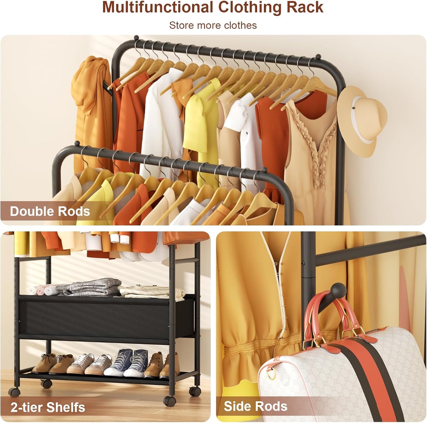 Furologee Double Rod Clothing Rack with Wheels – Portable Rolling Garment Rack for Bedroom, Laundry & Living Room