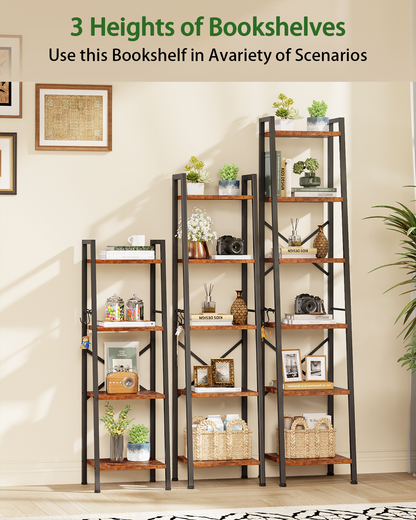 Furologee 4 Tier Ladder Bookshelf Narrow, Metal Wooden Ladder Shelf Bookcase with 2 Hooks