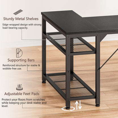 Furologee 49 Inch L Shaped Computer Desk with Power Outlets, Home Office Desk with Fabric Drawer & File Cabinet, Reversible Corner Gaming Desk with Printer Stand, for Working, Studying, Gaming, Black