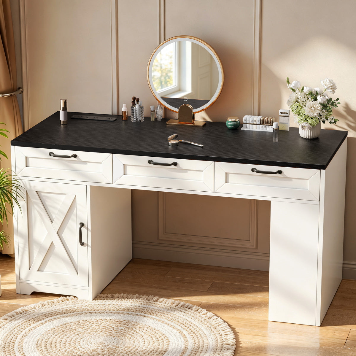 Furologee 55" Farmhouse Desk with Charging Station & Drawers, Black
Executive Computer desk with 3 Wooden Drawers and Storage Cabinet and Open Storage Shelf, Large Workstation for Home Office£¬Work, Study , Black and White