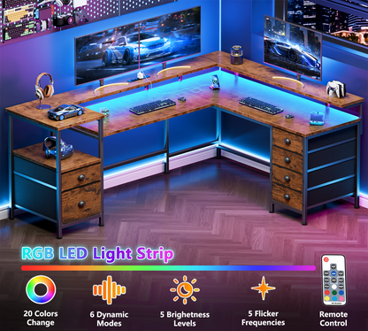 Furologee 66'' L Shaped Computer Desk with 6 Drawers & LED, Rustic Brown
, Reversible Large Corner Desk with Printer Storage Shelves,LED Lights,Monitor Stand for Home Office,Working Writing Study