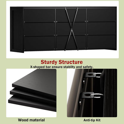 Black Dresser for Bedroom, Long Dresser for Closet, 9 Drawer TV Stand for 65 Inch TV, 15.75” Deepth Fabric Drawer, Chest of Drawer Large Storage Organizer, Hallway Furniture, Wooden Top Side