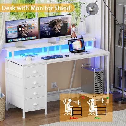 Furologee 55" Gaming Computer Desk with LED Lights, Power Outlets & 4 Fabric Drawers – Monitor Stand & Shelf for Home Office