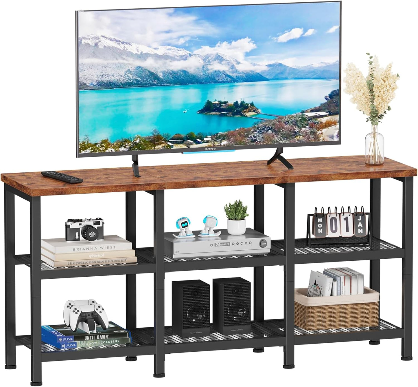 Furologee 3-Tier TV Stand for TVs up to 50” – Small Industrial Media Console with Open Storage Shelves for Living Room or Bedroom