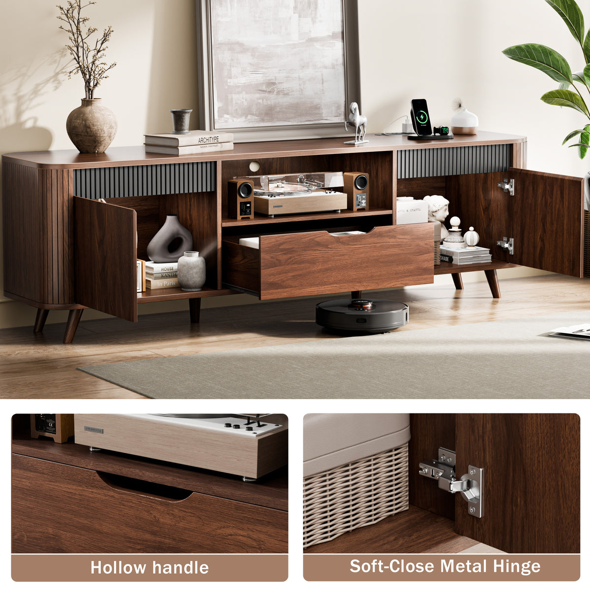 Furologee 63'' TV Stand for 65'' TV, Entertainment Center with Power Outlet

Mid Century Media TV Console Table with Storage, 2 Cabinets, 1 Drawer and Open Shelves for Living Room, Cable Holes, Walnut