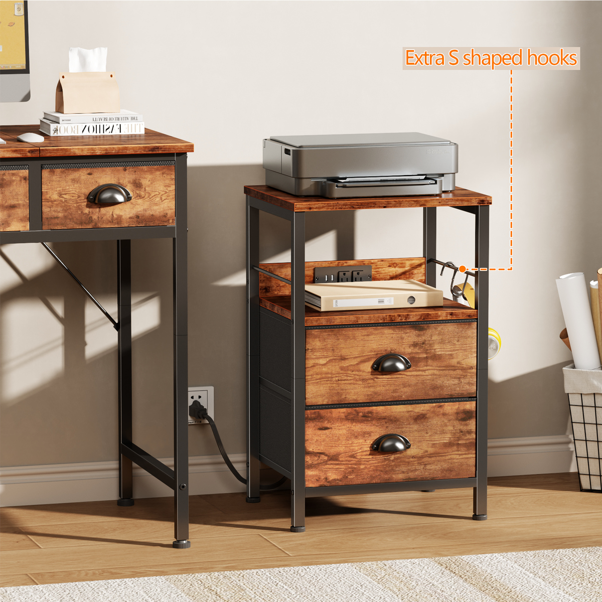 Furologee Nightstand with Charging Station for Dorm, 2 Fabric Drawers
Night Stand with USB & Outlets, Side Table with Storage & Hooks, Industrial End Table for Living Room/Bedroom, Rustic Brown