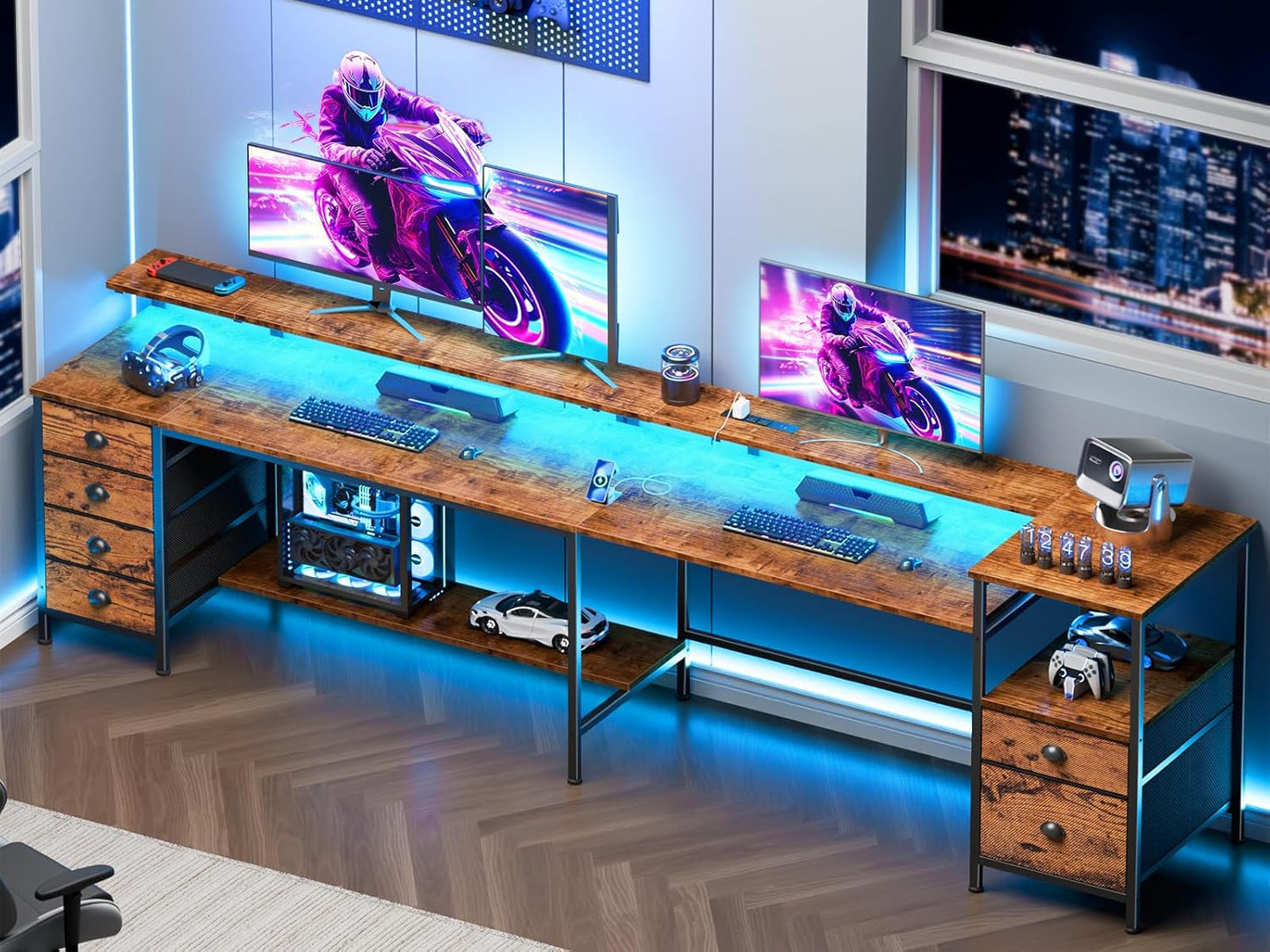 Furologee 95" Two Person Computer Gaming Desk, Rustic Brown