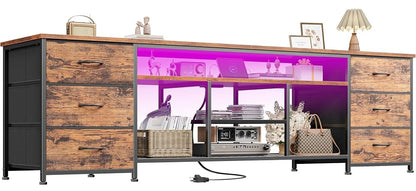 Furologee 71 Dresser TV Stand with LED Lights & Charging Station Rustic Brown Chest of Drawers with 6 Fabric Drawers for 70 75 80 inch TVs Open Storage Shelves TV Stand for Bedroom Living Room