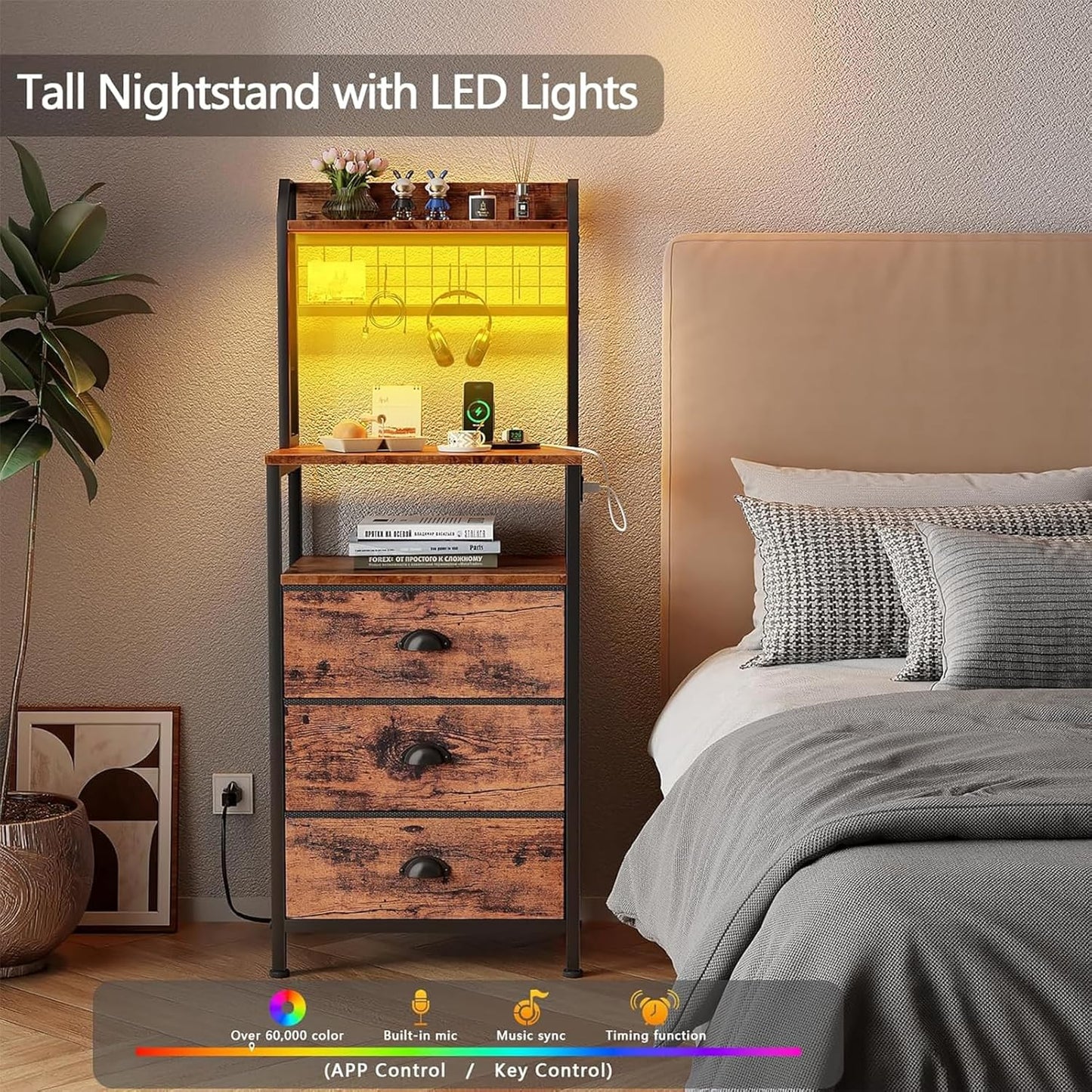 Furologee 44'' Tall Nightstand with Charging Station