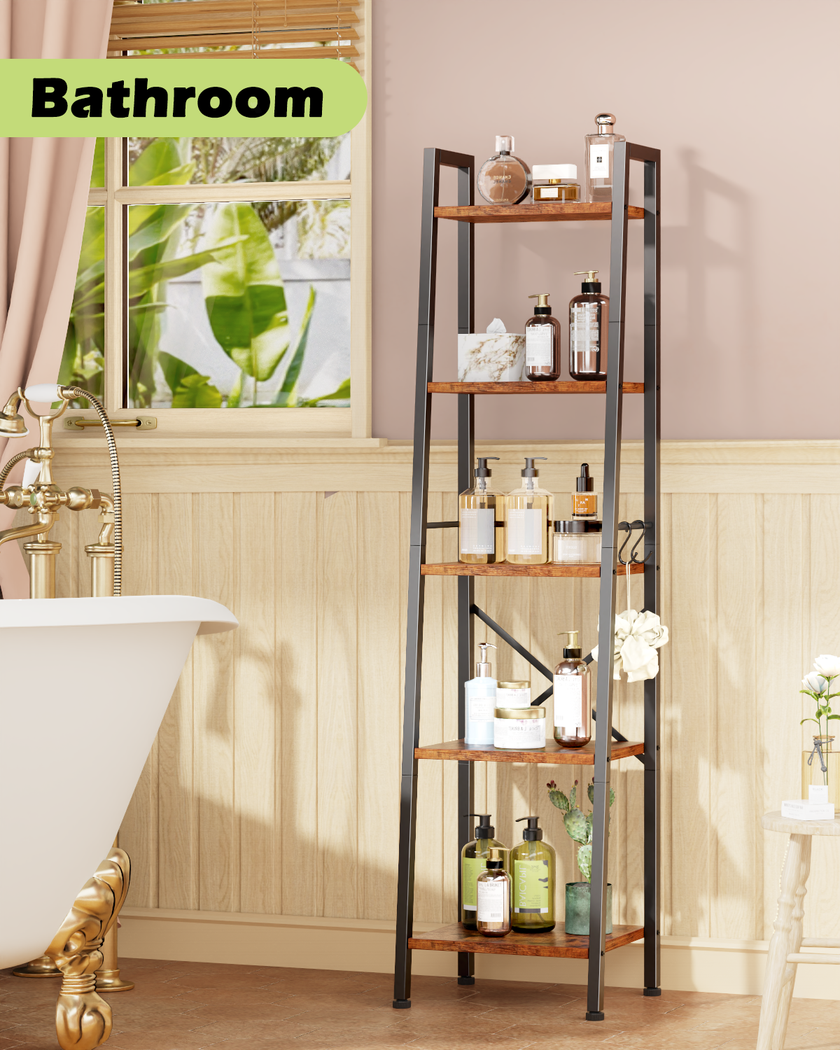 Furologee Ladder Bookshelf, Tall Narrow Metal & Wood Bookcase with Hooks, Rustic Brown Leaning Shelf for Living Room, Bedroom, Bathroom, Kitchen
