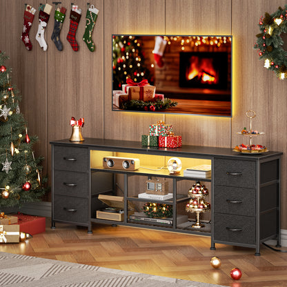 Furologee LED TV Stand for 65, 70 Inch TV, 63 Inch Entertainment Center with Power Outlets, 6 Fabric Drawers Dresser for Bedroom, Media Console with Open Shelves, PU Leather Surface, Black