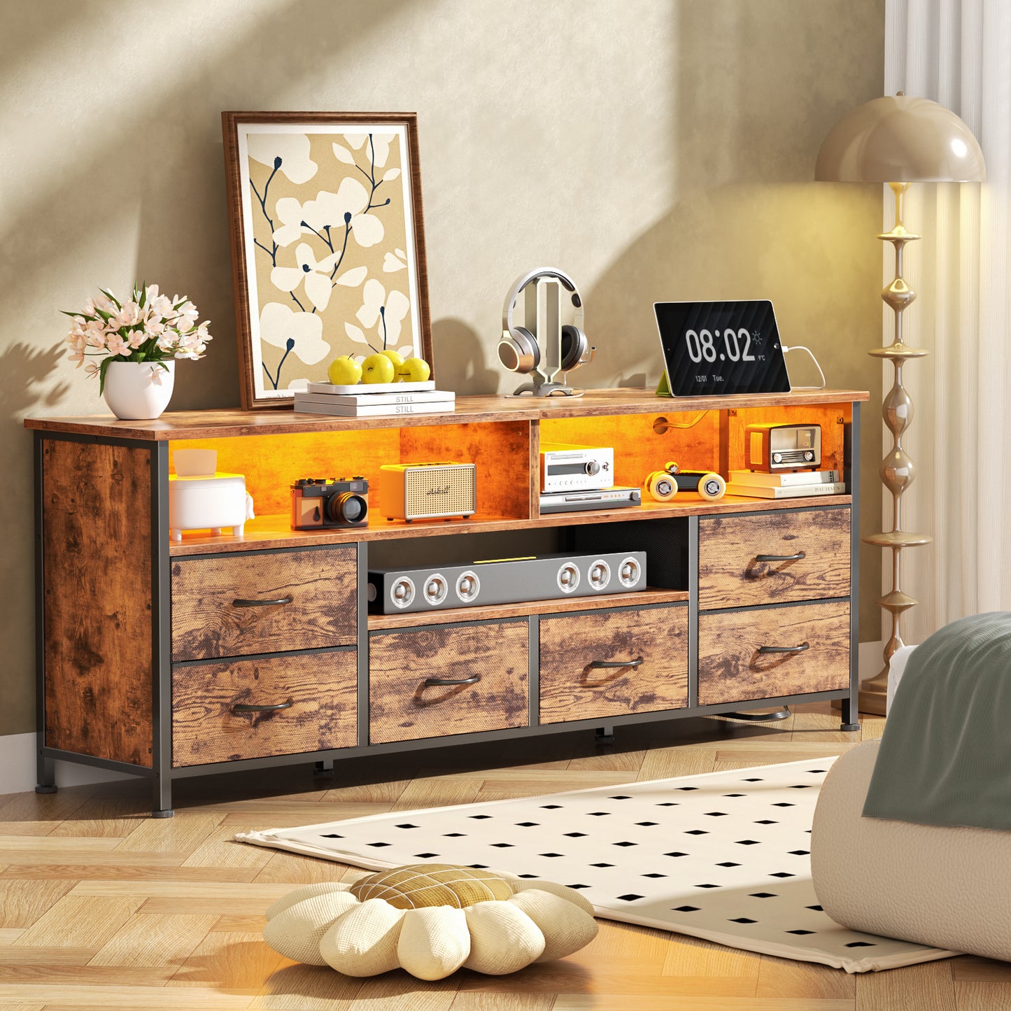 55" LED TV Stand for Bedroom with Power Outlets, Entertainment Center with 6 Fabric Drawers for 50/55/60 inch TVs, Dresser TV Stand Long Console Media Table for Living Room, Rustic Brown