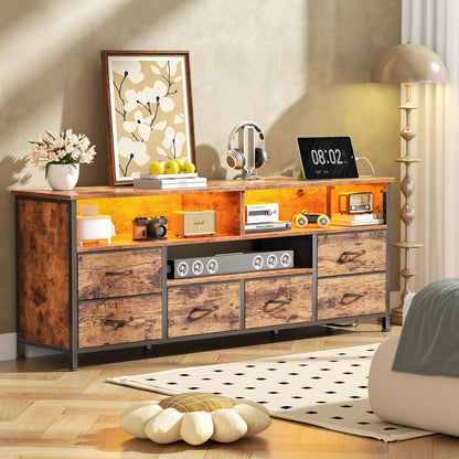 55" LED TV Stand for Bedroom with Power Outlets, Entertainment Center with 6 Fabric Drawers for 50/55/60 inch TVs, Dresser TV Stand Long Console Media Table for Living Room, Rustic Brown