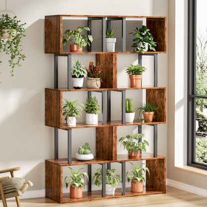 Furologee 6 Tier Bookshelf, S Shaped Geometric Bookcase, Rustic Brown 57.5'' Tall Industrial Display Shelf Standing Unit, Room Divider Shelf for Bedroom, Living room, Office