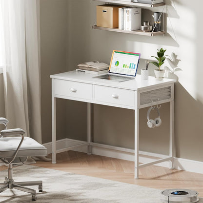 Furologee 34” White Computer Desk with Fabric Drawers & Hooks – Small Home Office or Vanity Table