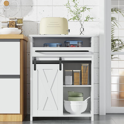 Storage Cabinet with Tray Drawer, White Farmhouse Coffee Bar Cabinet with Sliding Door for Bathroom Bedroom Living Room Laundry Kitchen