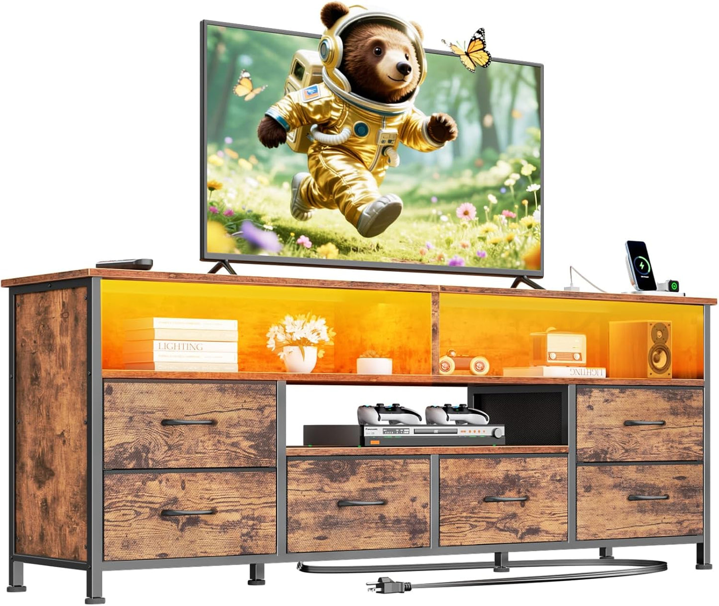 Furologee 55" Dresser TV Stand with LED & Charging Station – Media Console Table with 6 Drawers for Bedroom or Living Room